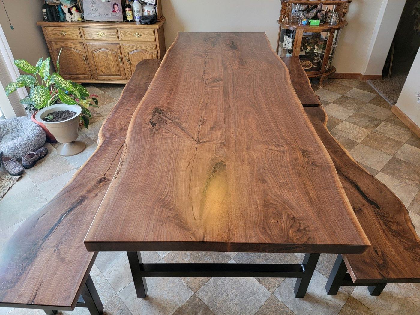 Walnut slab and benches