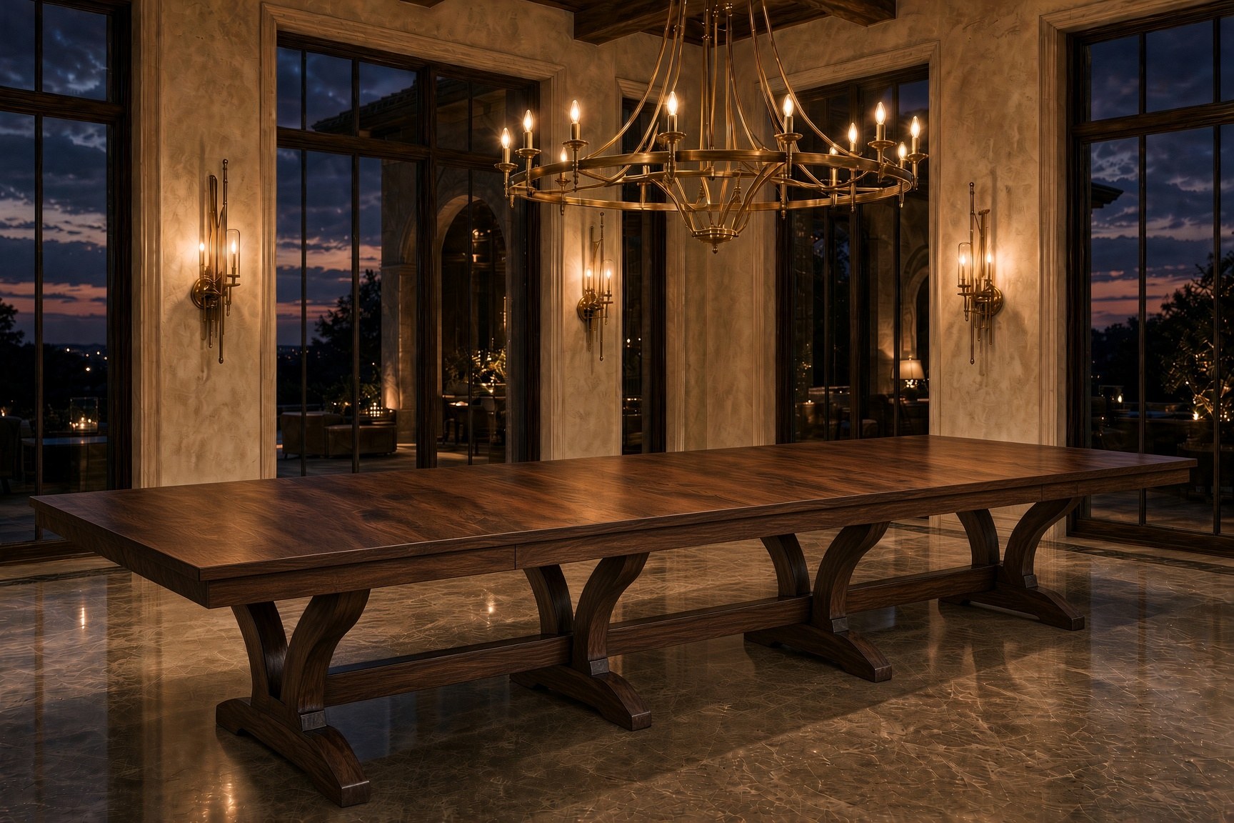 Eighteen-foot black walnut butterfly leaf table in a high-end dining room