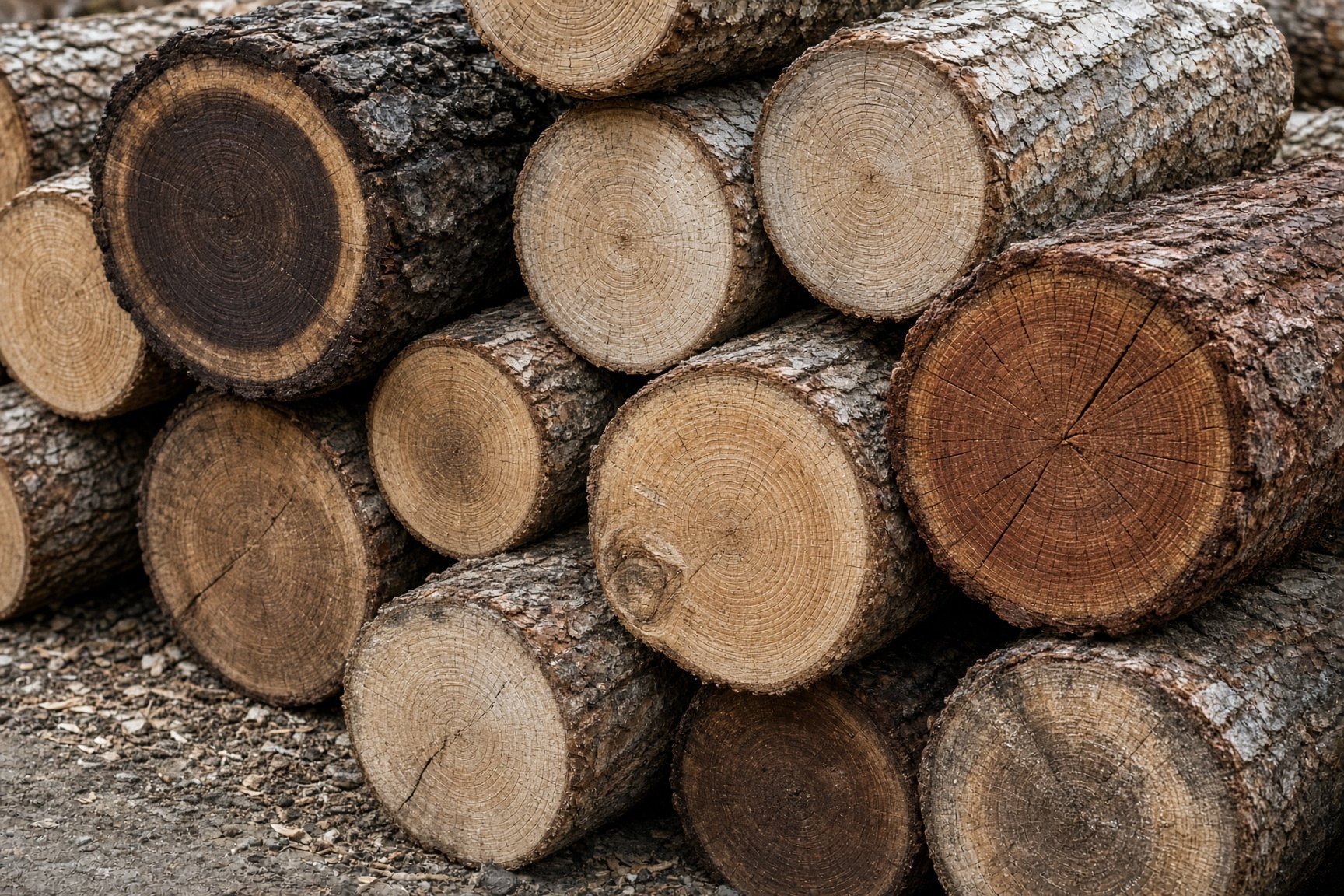 Cut ends of black walnut, white oak, red oak, and ash