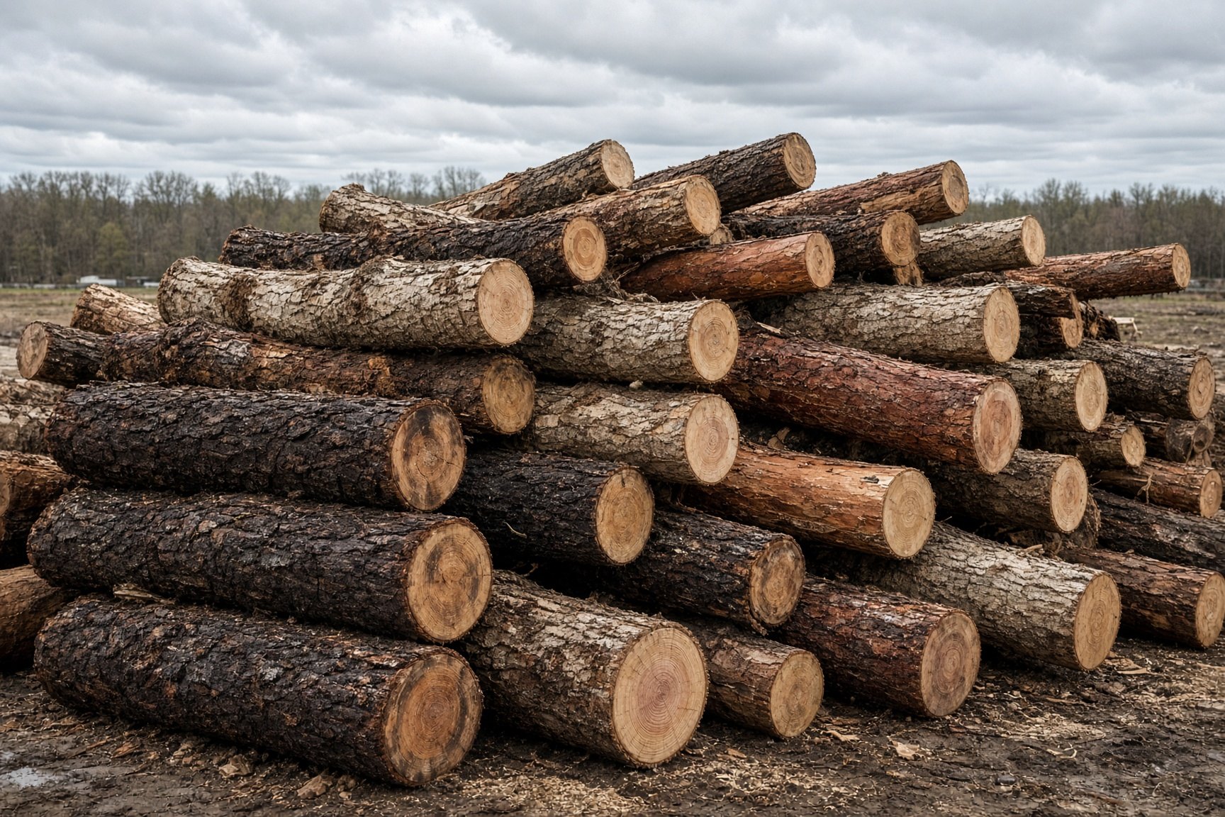 Black walnut, white oak, and other Midwest logs in the yard