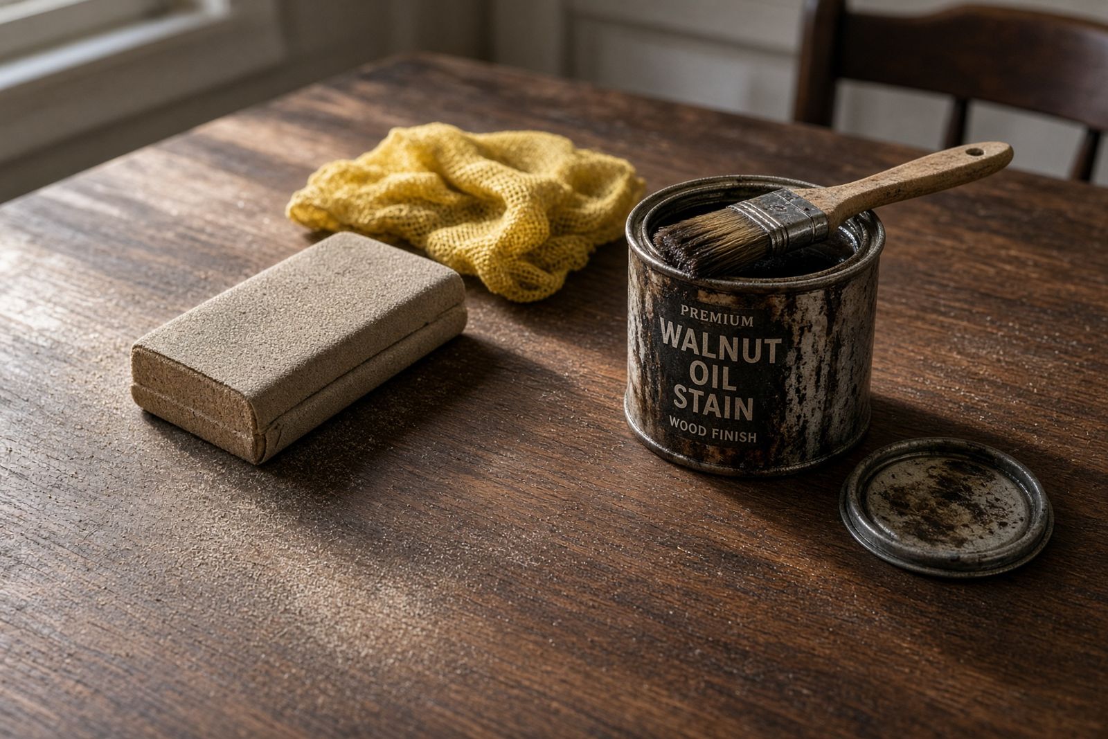 Sanding block, tack cloth, and stain for a table refresh